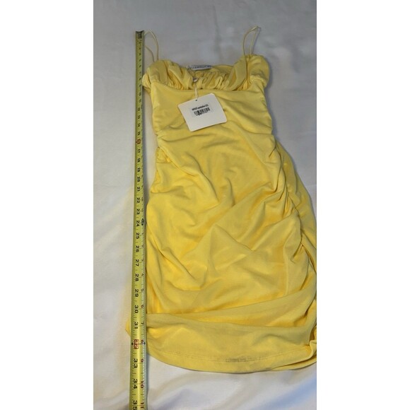 HELLO MOLLY Yellow Gathered Bust Mini Bodycon Dress Large Straps Stretch Spring - Picture 13 of 15